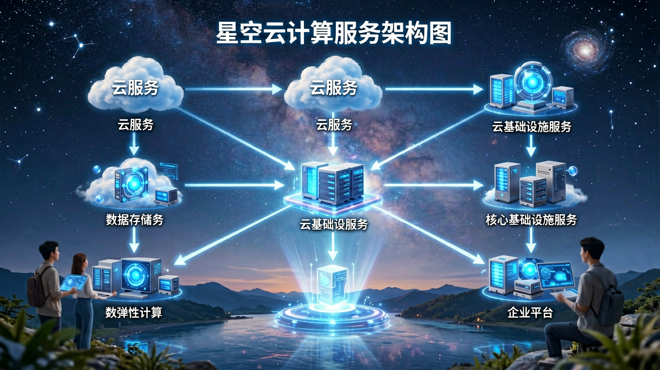 星空云计算服务架构图，展示分布式计算节点与数据存储中心的连接关系